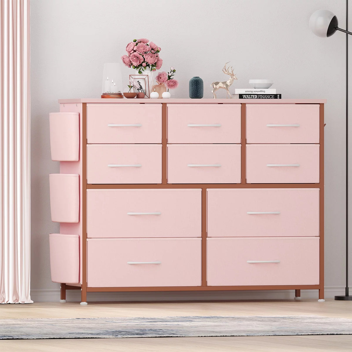 Pink 10 Drawer Fabric Dresser with Wood Tabletop R561