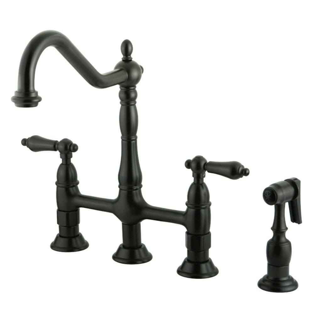 Satin Nickel Kitchen Bridge Faucet with Brass Sprayer F827690