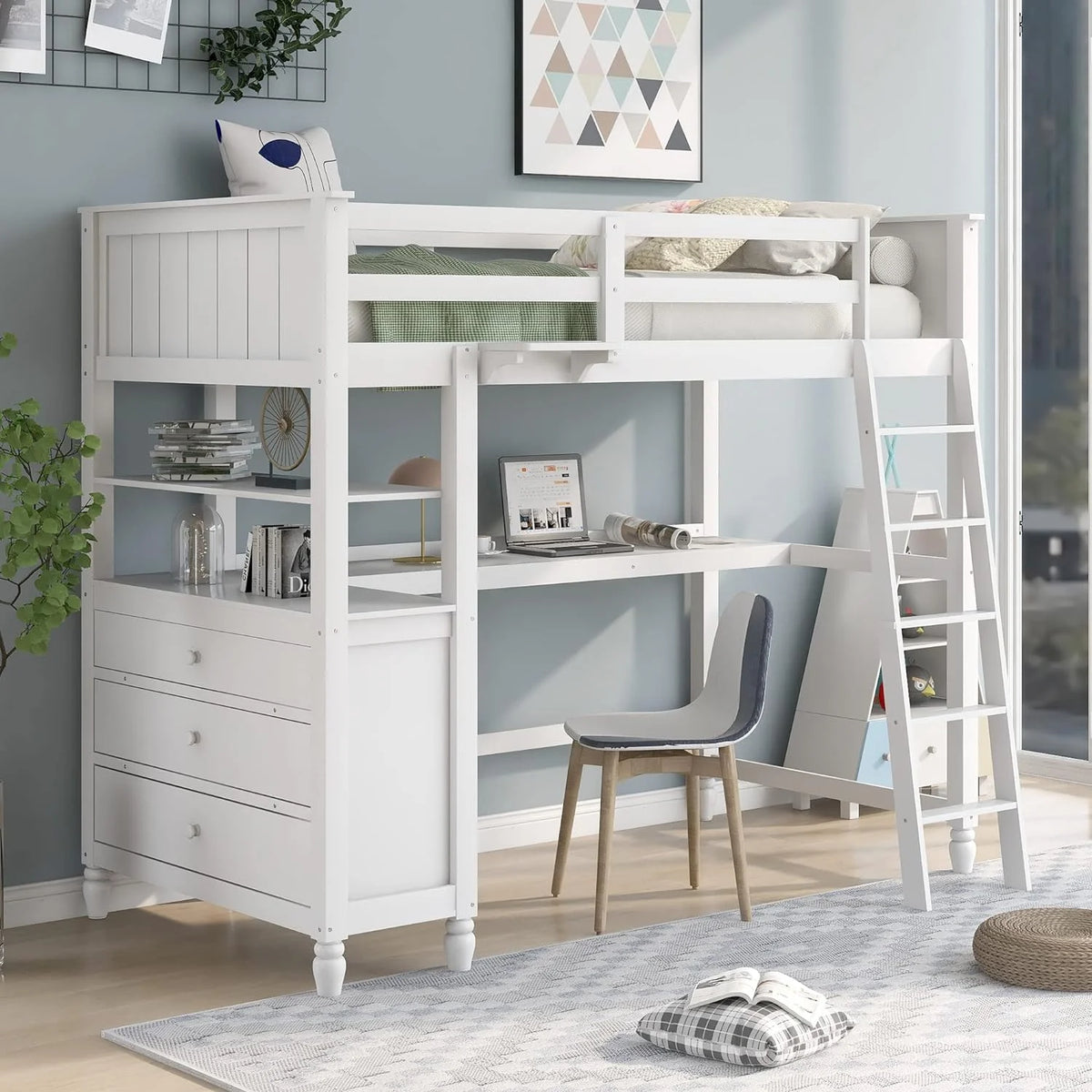 Solid Wood Loft Bed Frame with Drawers and Shelves V52849