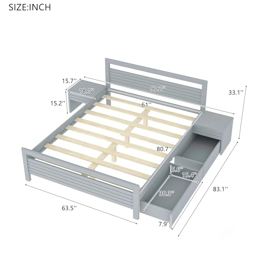 Queen Size Gray Wooden Platform Bed with 2 Storage Drawers and 2 Bedside Tables N9370