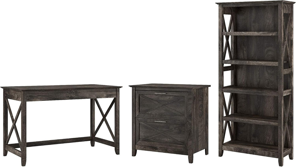 Dark Gray Hickory Writing Desk with 2 Drawer Lateral File Cabinet and 5 Shelf Bookcase T76788