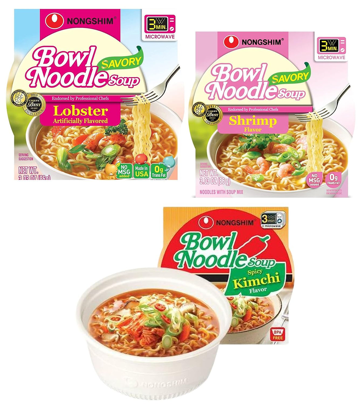 Bowl Noodle Soup, LOBSTER, SHRIMP, SPICY KIMCHI Flavor (Pack Of 3 x 3.03 Oz) W65185