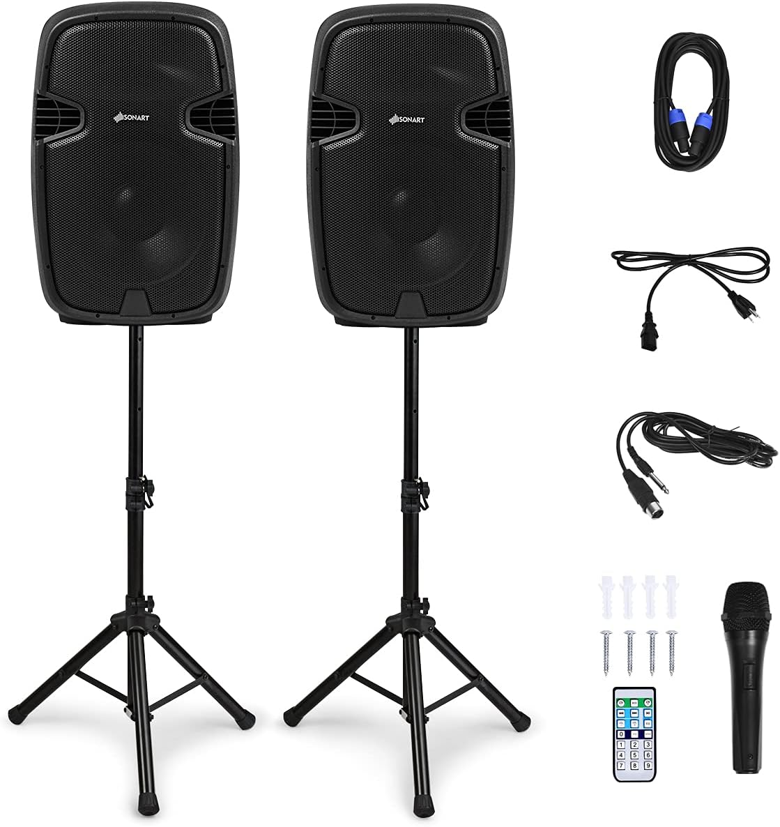 12 1600W Portable Dual Passive Active Speaker with 2 Speaker Stands H43886