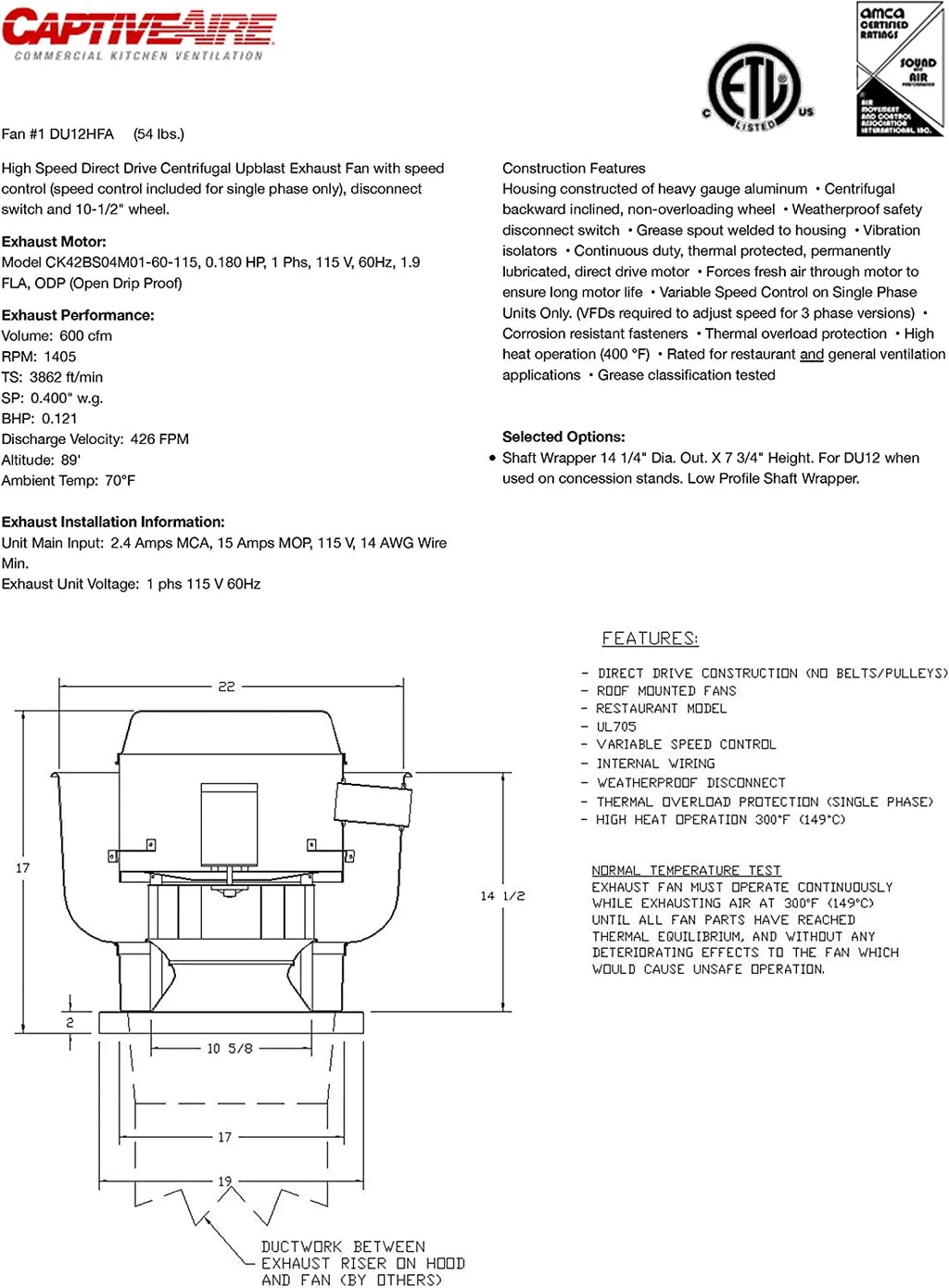 Food Truck Low Profile Exhaust Hood System with Fan and Duct W527