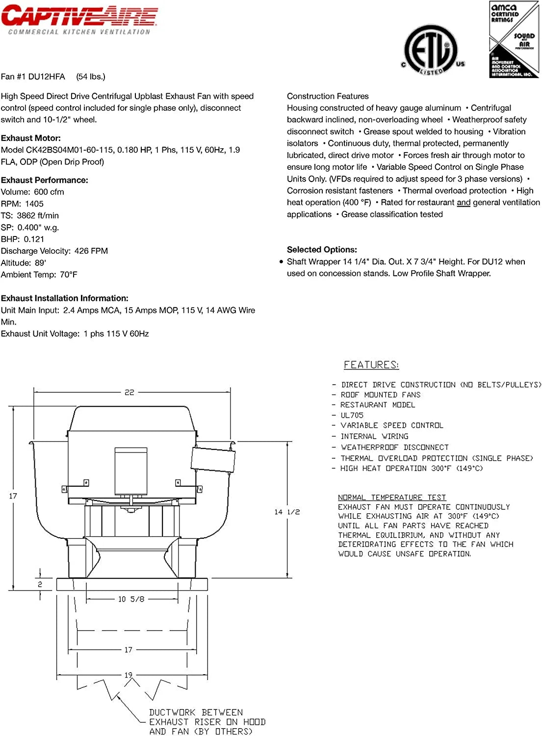 Food Truck Low Profile Exhaust Hood System with Fan and Duct W527