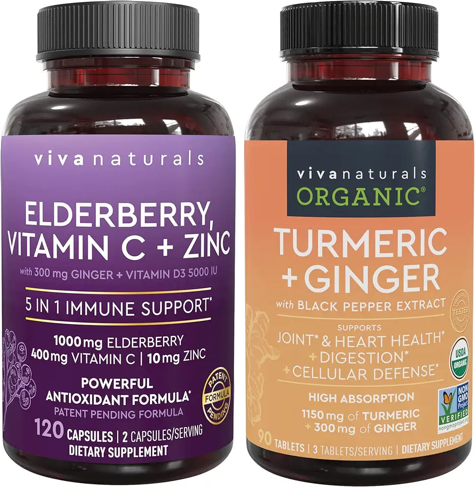 Organic Turmeric Curcumin Supplement with Black Pepper and Ginger and Elderberry, Vitamin C, Zinc and Vitamin D3 5000 IU R152