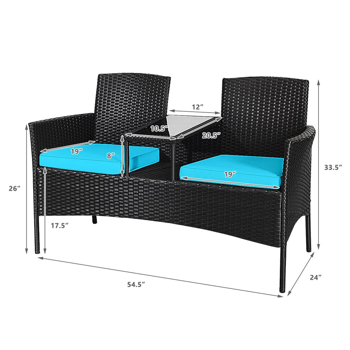Rattan Wicker Patio Conversation Set with Table Turquoise Cushion D310645