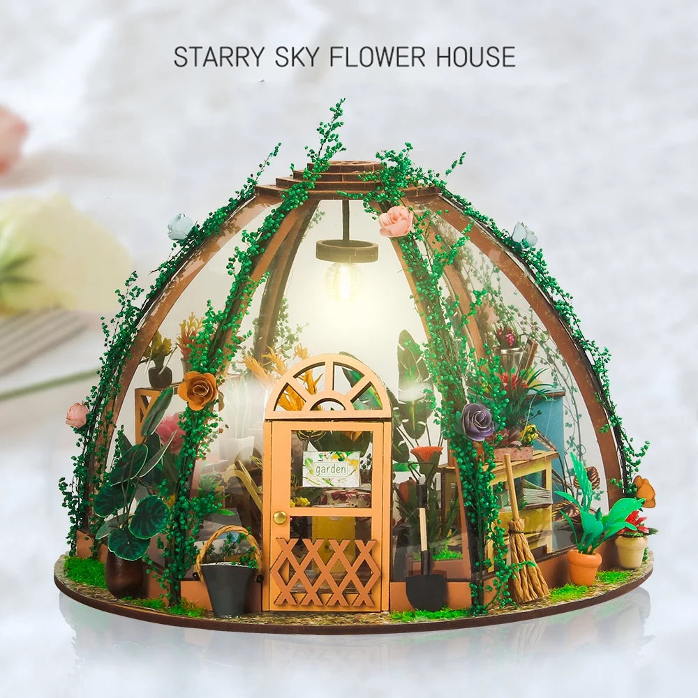 DIY Miniature Dollhouse Kit Wooden Flower Green House with LED Light N810