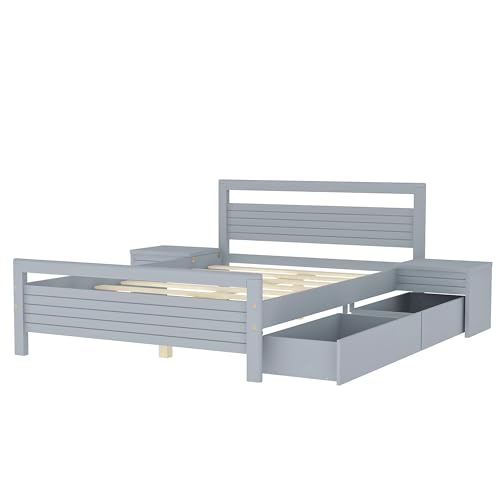 Queen Size Gray Wooden Platform Bed with 2 Storage Drawers and 2 Bedside Tables N9370