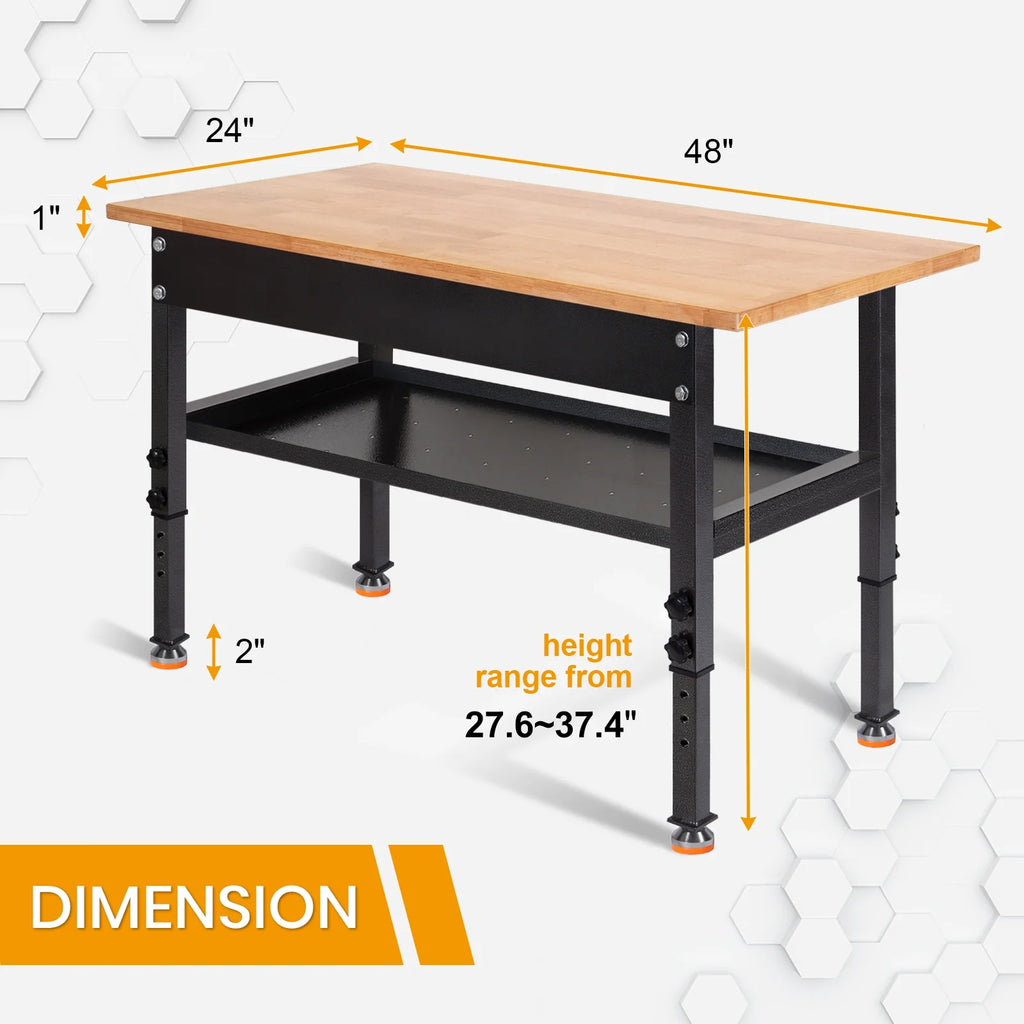 48" Adjustable Heavy-Duty Workbench with Rubber Wood Top X27730