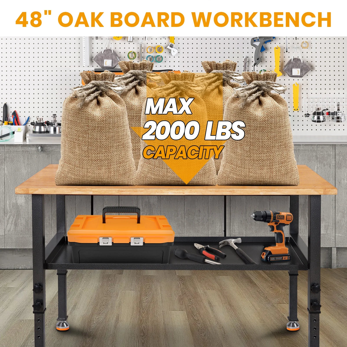 48" Adjustable Heavy-Duty Workbench with Rubber Wood Top X27730
