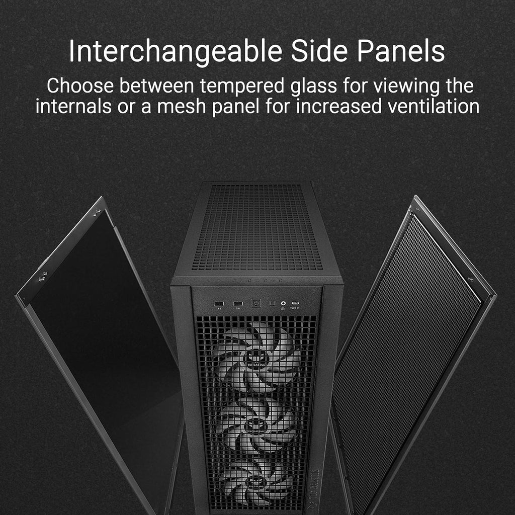 Black ATX Mid-Tower PC Case with Four 140 x 28 mm ARGB Fans and Interchangeable Tempered Glass or Mesh Side Panels C21001