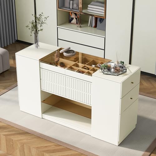White Glass Top 6 Drawer Wooden Closet Storage Cabinet G422631