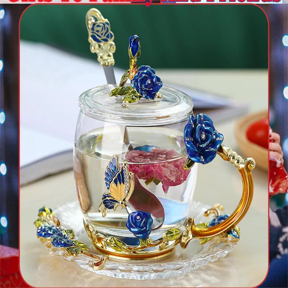 Blue Rose Enamel Glass Tea Cup Set with Lid, Coaster and Spoon (320ml) A845
