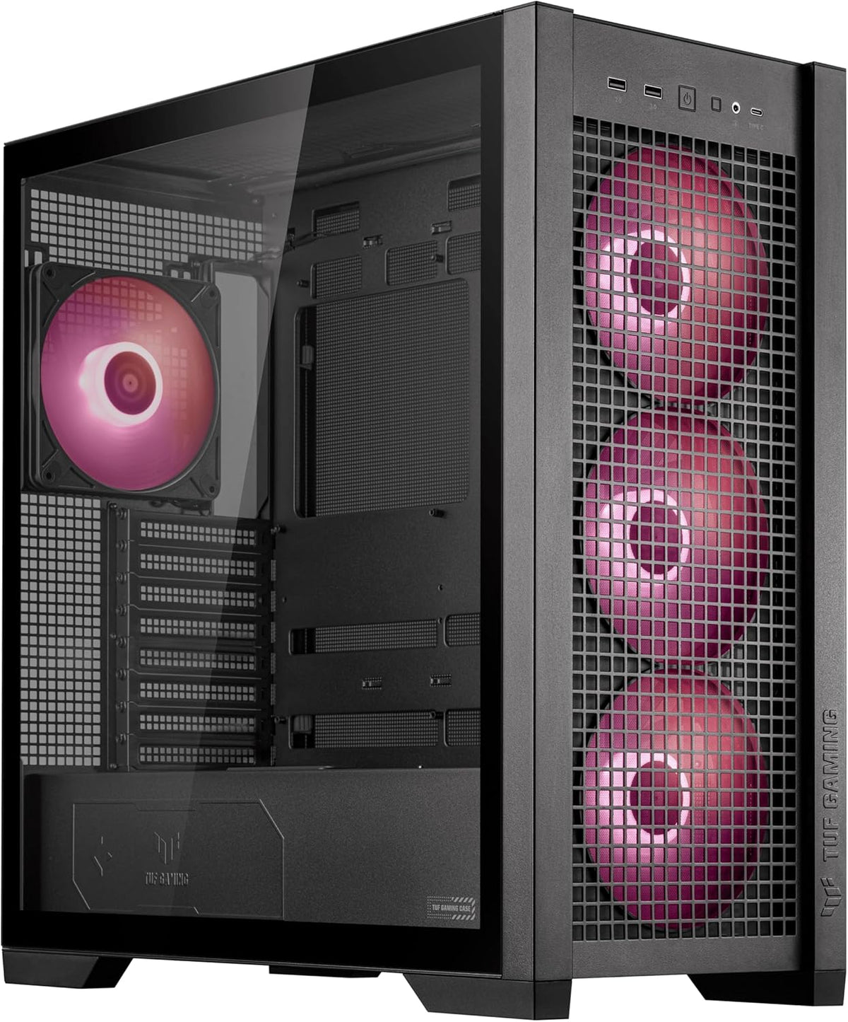 Black ATX Mid-Tower PC Case with Four 140 x 28 mm ARGB Fans and Interchangeable Tempered Glass or Mesh Side Panels C21001