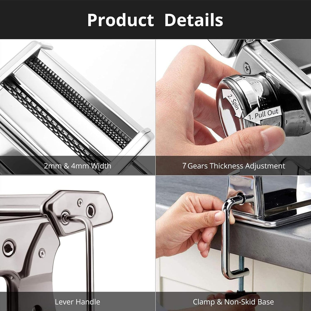 Stainless Steel Pasta Maker with 7 Thickness Settings W423