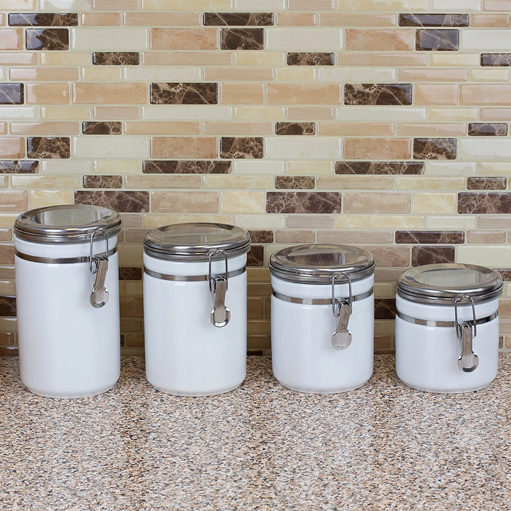 4 Piece Ceramic Canister Set with Stainless Steel Tops, White S49281