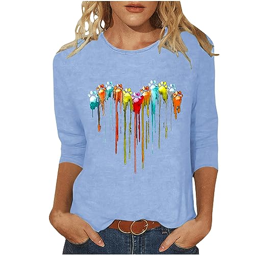 Women Love Heart Printed 3/4 Sleeve Round Neck Tee Q713389