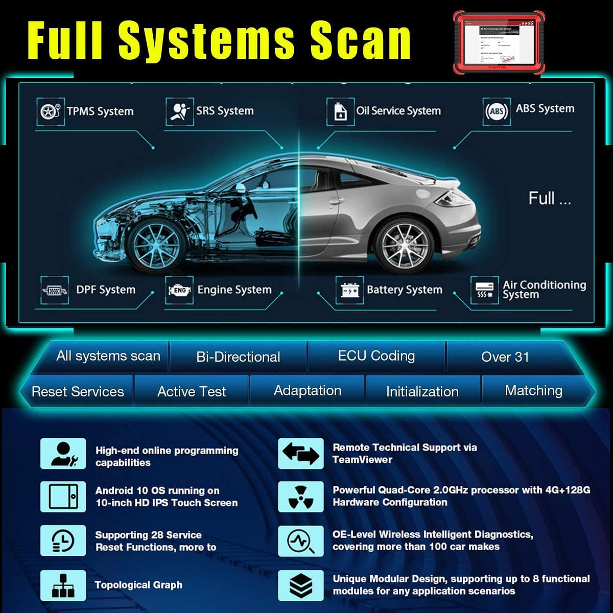 Bi-Directional Scanner Full Systems Diagnostic Scan Tool, 31+ Reset Functions, Key Matching, ECU Coding, ADAS Calibration, 2 Years Update I9420