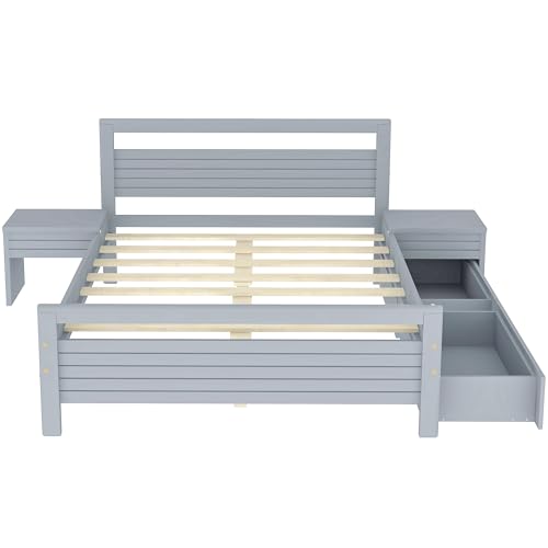 Queen Size Gray Wooden Platform Bed with 2 Storage Drawers and 2 Bedside Tables N9370