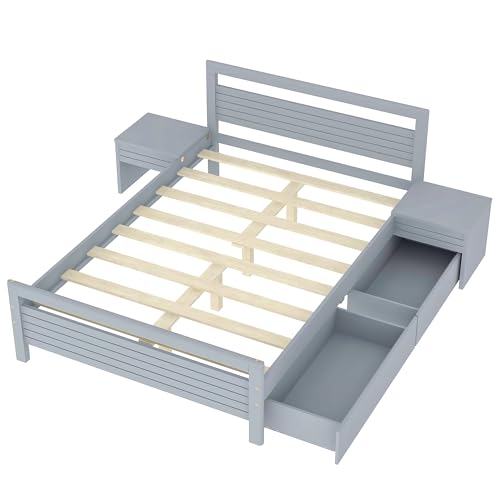 Queen Size Gray Wooden Platform Bed with 2 Storage Drawers and 2 Bedside Tables N9370