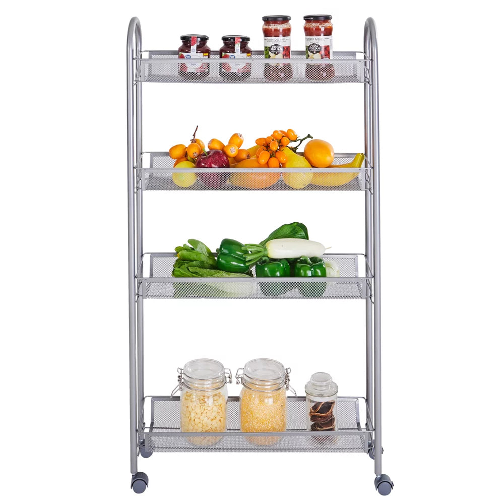 4 Tier Slim Storage Cart Mobile Shelving Unit Organizer Rolling Utility Cart Tower Rack Plastic Stainless Steel Silver X9225