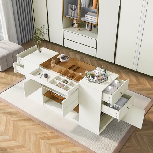 White Glass Top 6 Drawer Wooden Closet Storage Cabinet G422631