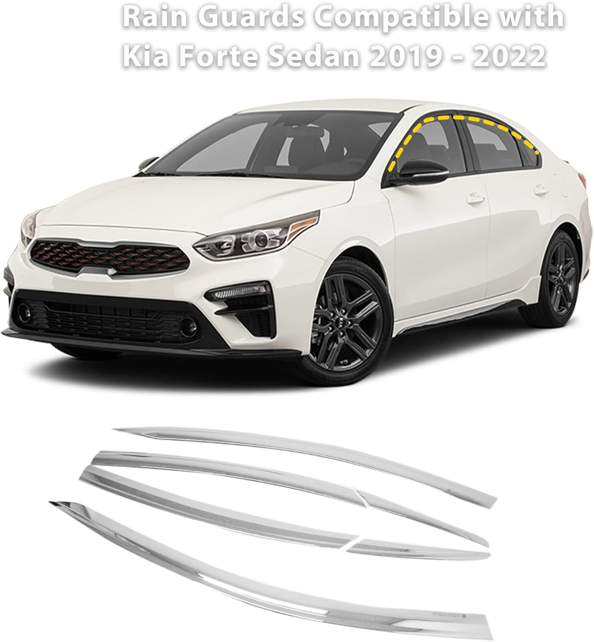 Chrome Finish Tape-On Style Rain Guards for Kia Forte Sedan 2019-2022 (6PCs) J313