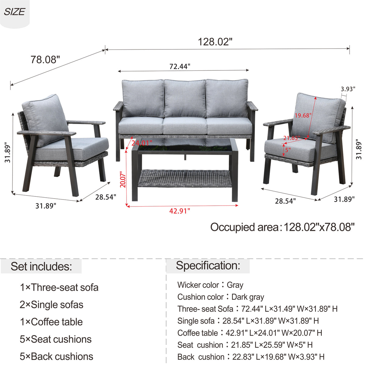 4 Piece Outdoor Wicker Sectional Sofa with 5" Cushions R812857