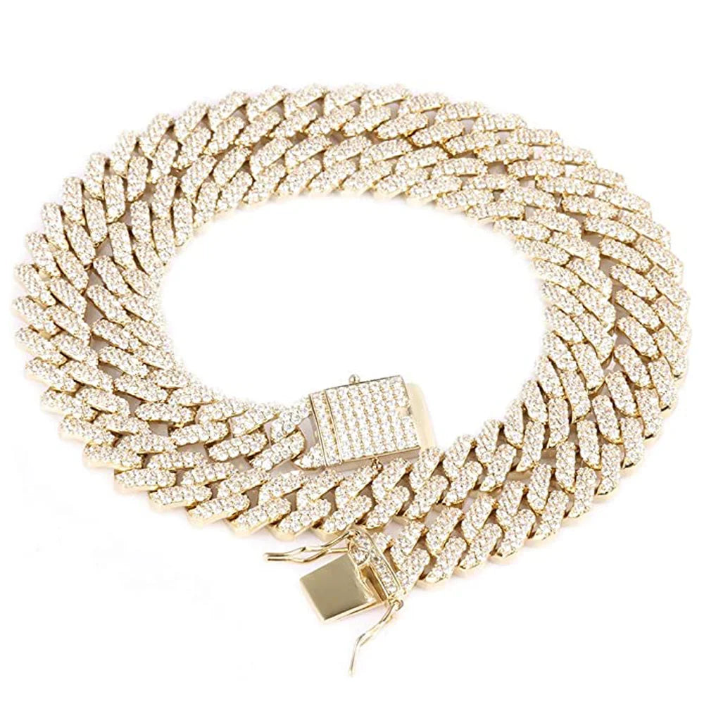 Iced Out Cuban Link Necklace and Bracelet Set, 15mm, Gold G2825
