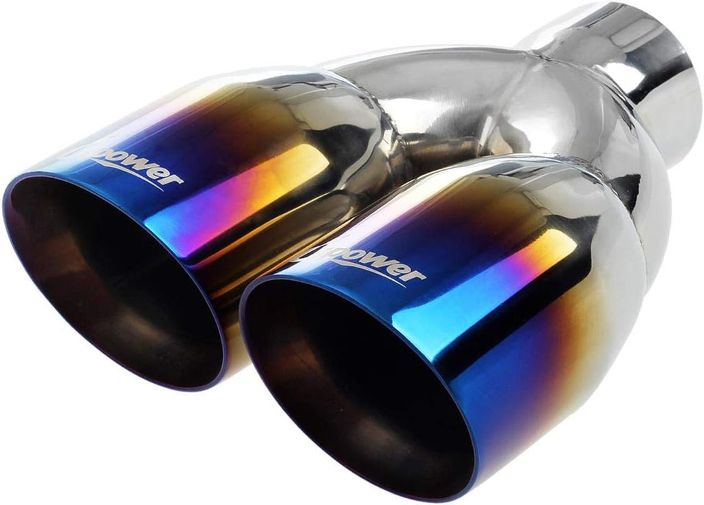 Dual Exhaust Tips 2.5" Inlet 3.5" Outlet 9.5" Length Blue Polished Stainless Steel Double Wall Pack of 2 F1054