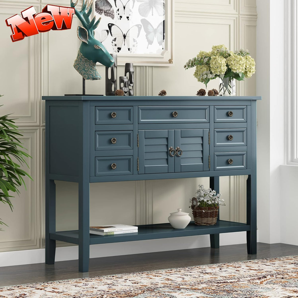 Solid Wood Buffet Sideboard with Door Cabinet, 7 Storage Drawers, Bottom Shelf, 45'' Red O5547
