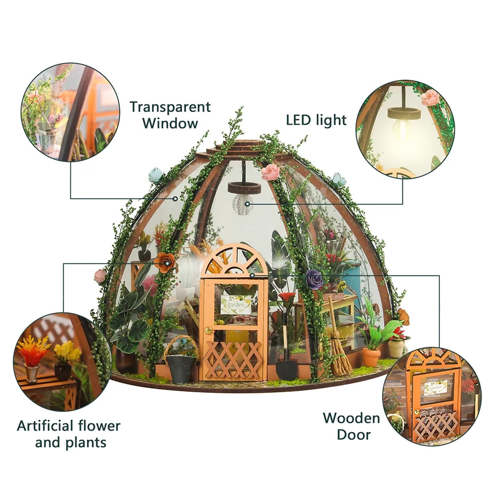 DIY Miniature Dollhouse Kit Wooden Flower Green House with LED Light N810