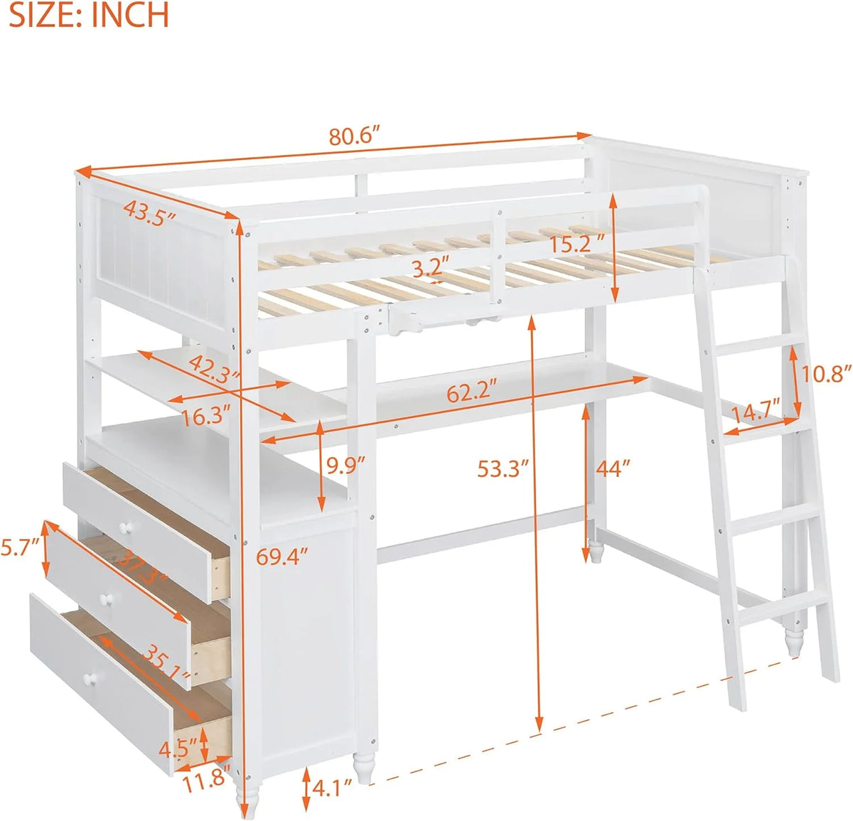 Solid Wood Loft Bed Frame with Drawers and Shelves V52849