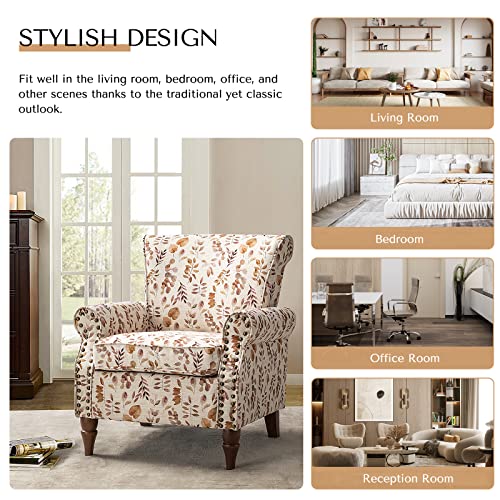 Blue Floral Pattern Upholstered Accent Chair with Wood Legs X930000