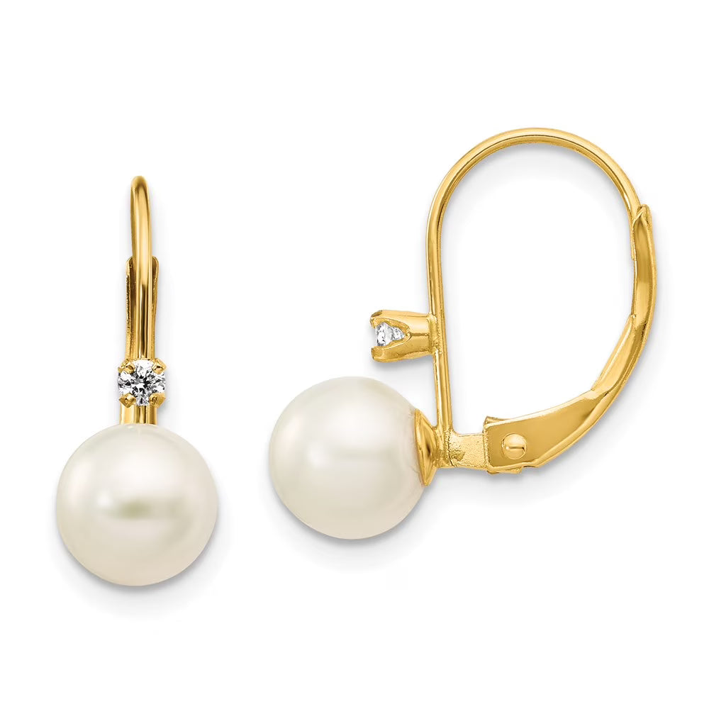 14kt Yellow Gold FW Cultured Pearl Diamond Leverback Earrings C826225
