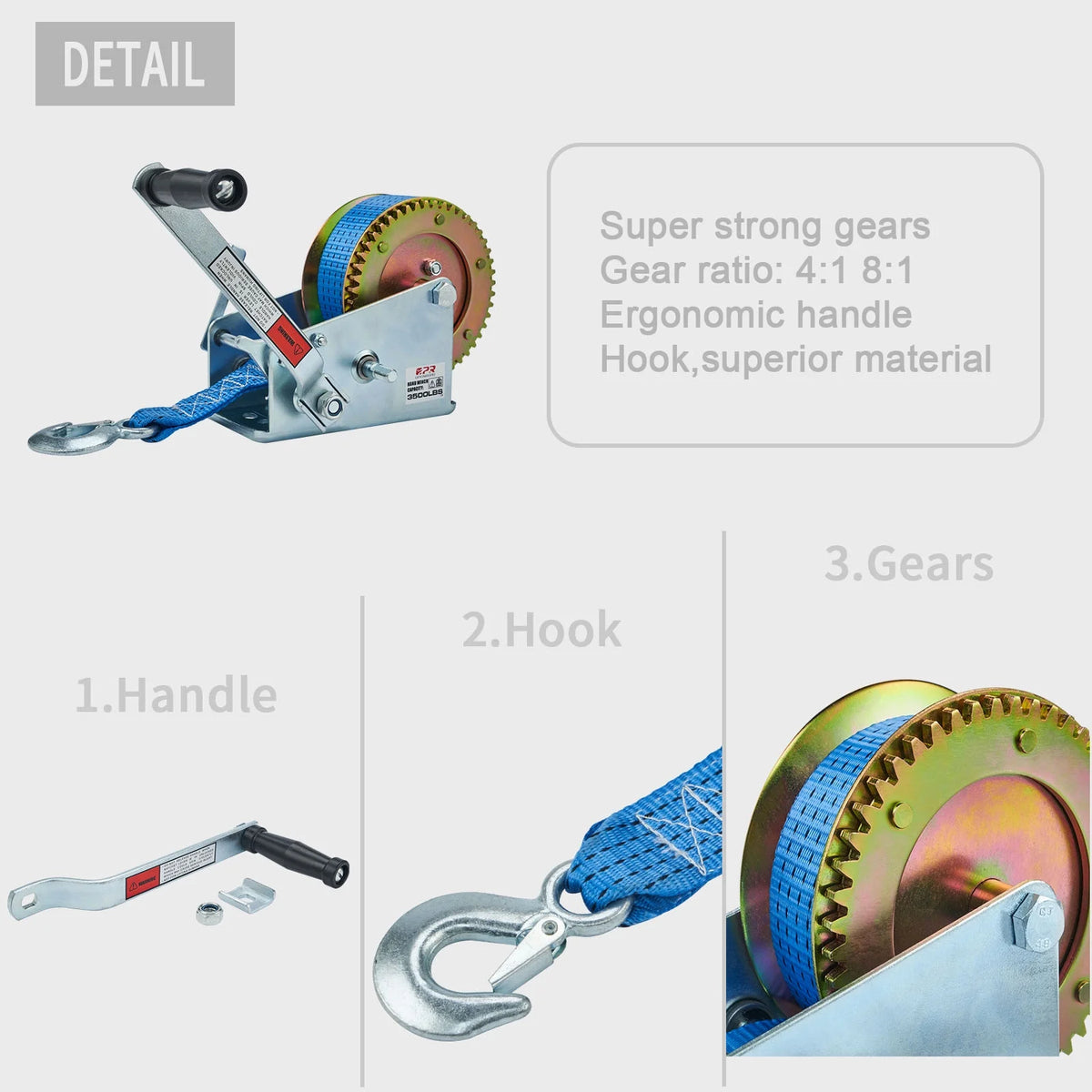 3500lbs Manual Boat Trailer Winch with 32ft Strap X128