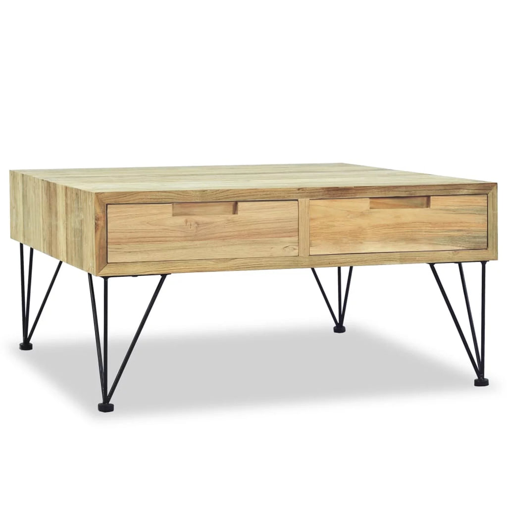Coffee Table with 2 Storage Drawers Teak Wood Wrought Iron Legs U64634
