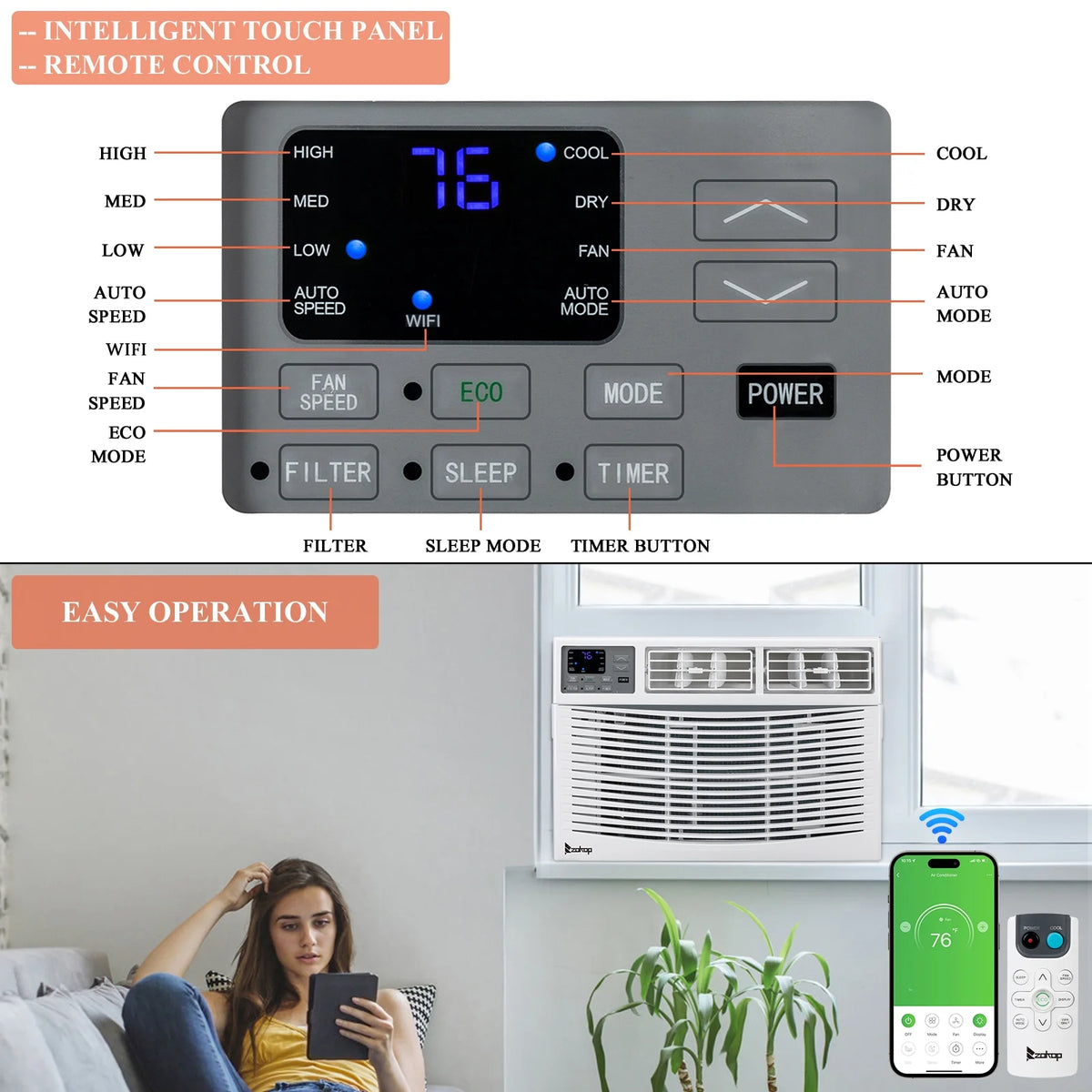 10000BTU Window Air Conditioner with WiFi and Eco Mode, White N1827