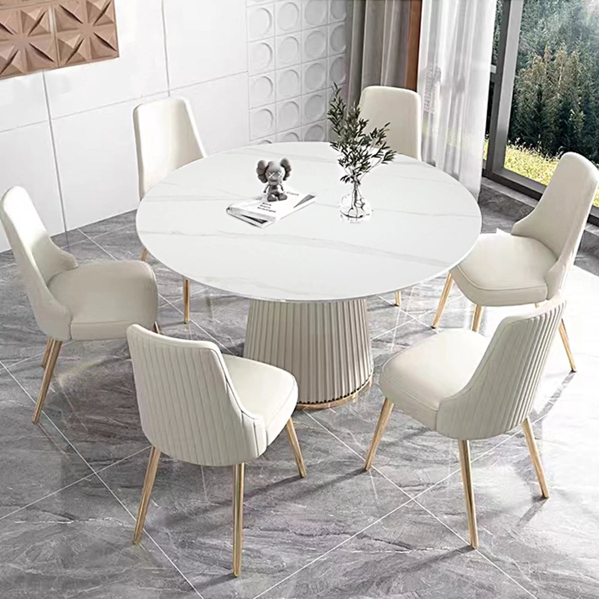 White 7 Piece Faux Marble Dining Table Set V75931