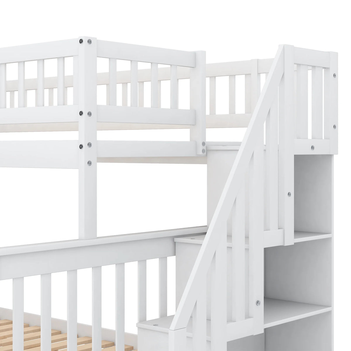 Twin Over Full Bunk Bed with Trundle and Stairs, White B7461