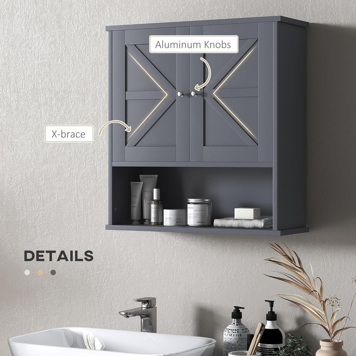 Gray Wall Mounted Bathroom Cabinet with Adjustable Shelf G569