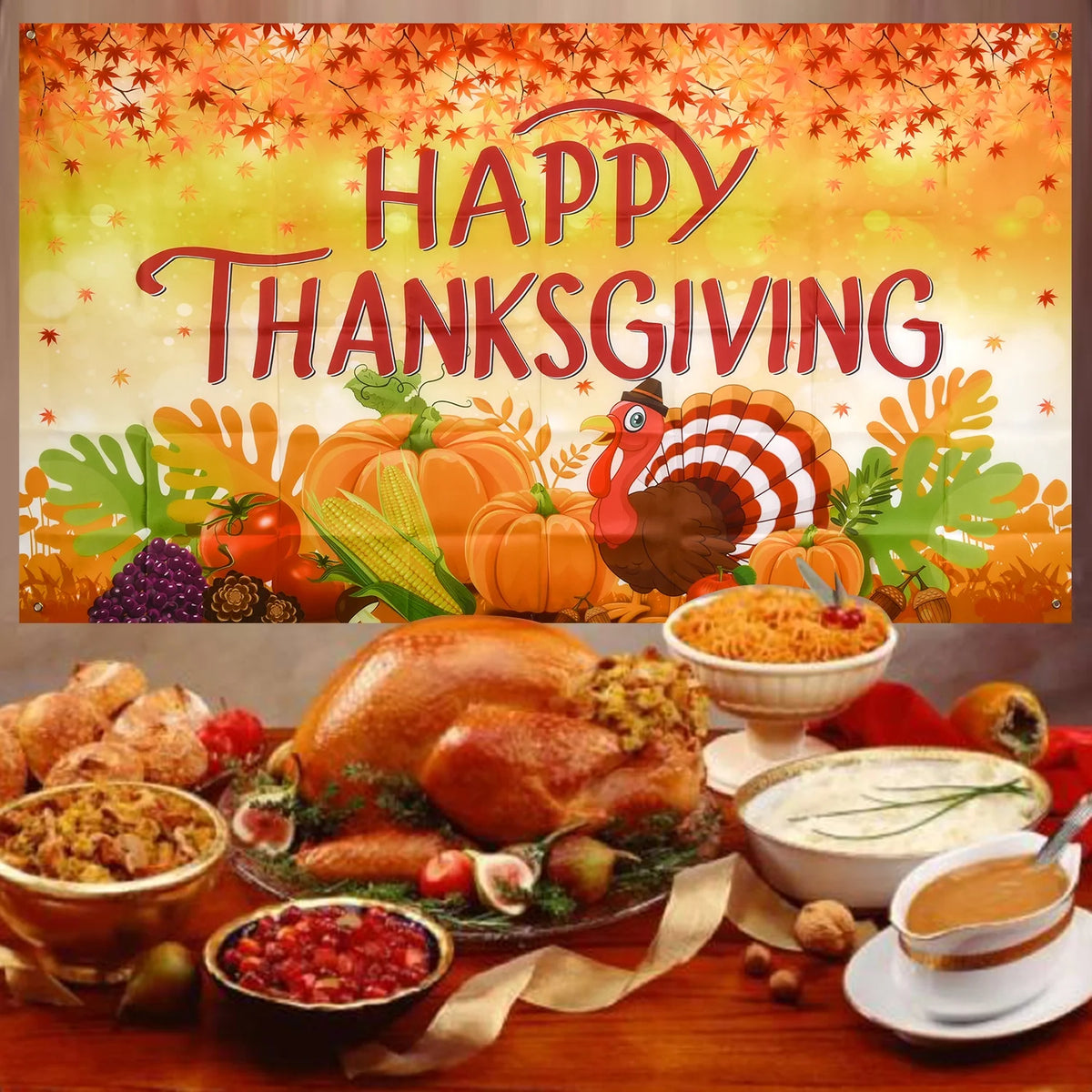 Thanksgiving Banner 72 x 46 Inch Turkey Pumpkin Maple Leaves Banner B1349