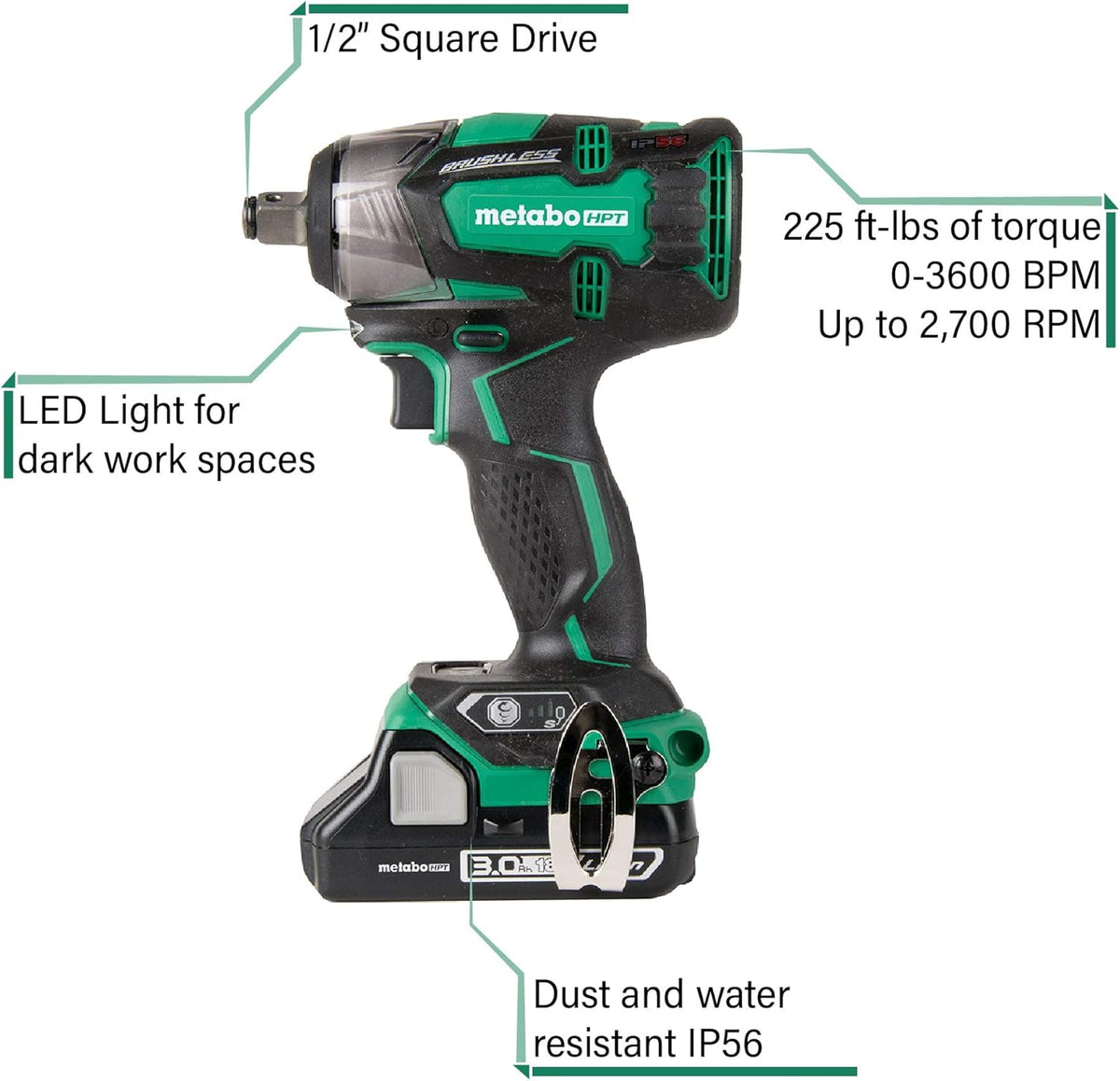 18V Cordless Brushless Impact Wrench with 2 Compact 3.0Ah Batteries E600161