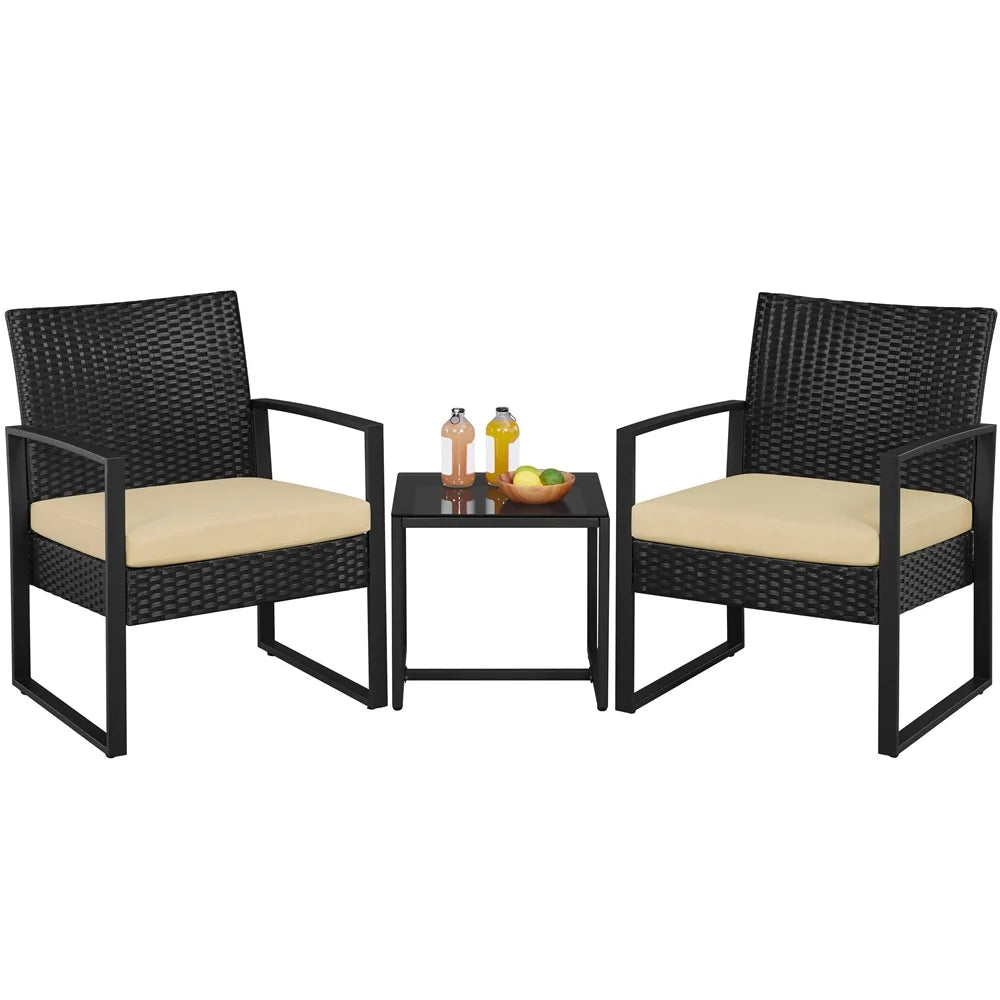 3-piece Patio Rattan Chairs & Table Set with Cushions J97788