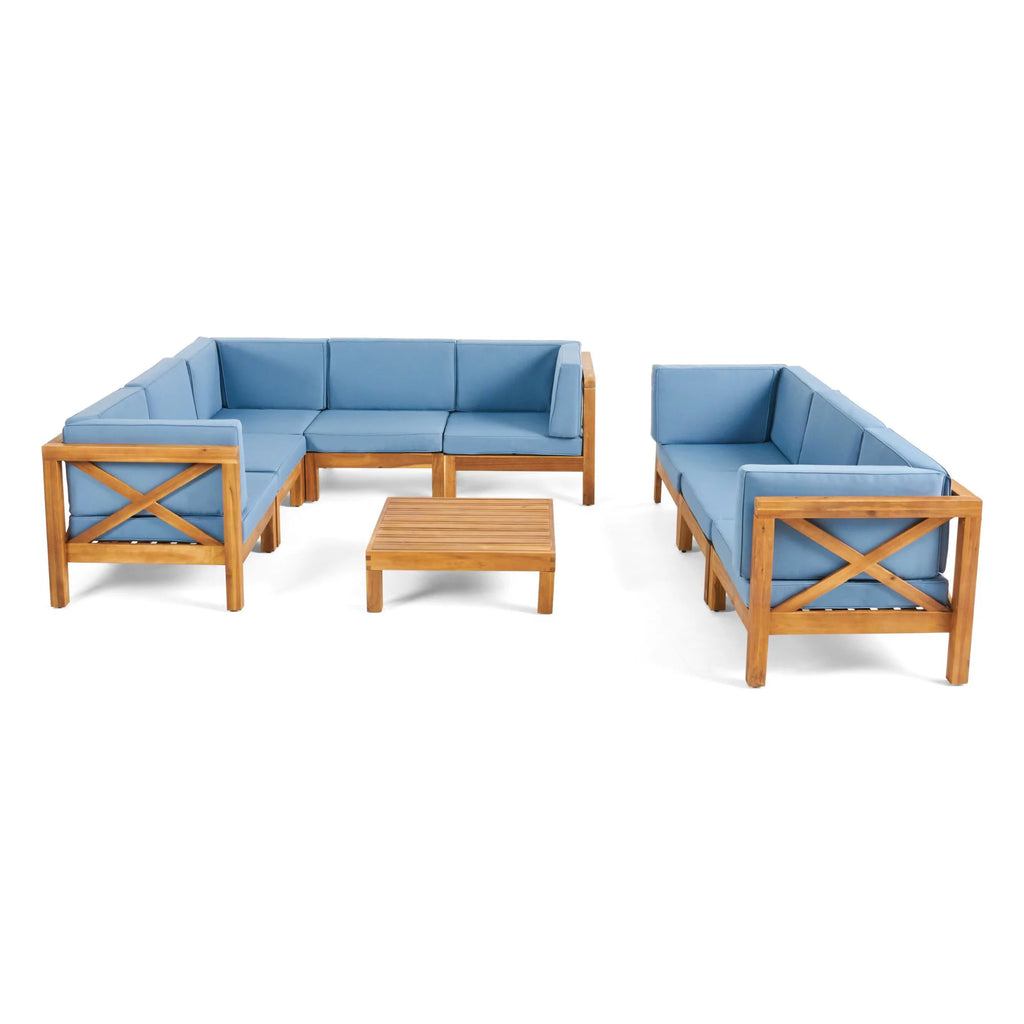 Teak Blue 8 Seater Wood Sectional Sofa Set with Coffee Table C129210