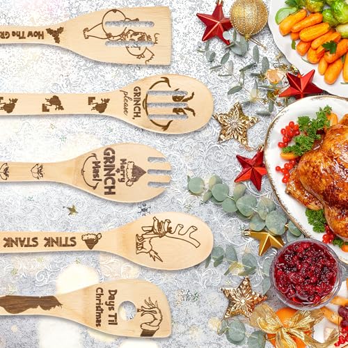 Bamboo Spoons 5 Christmas Themed Kitchen Utensils Set C785