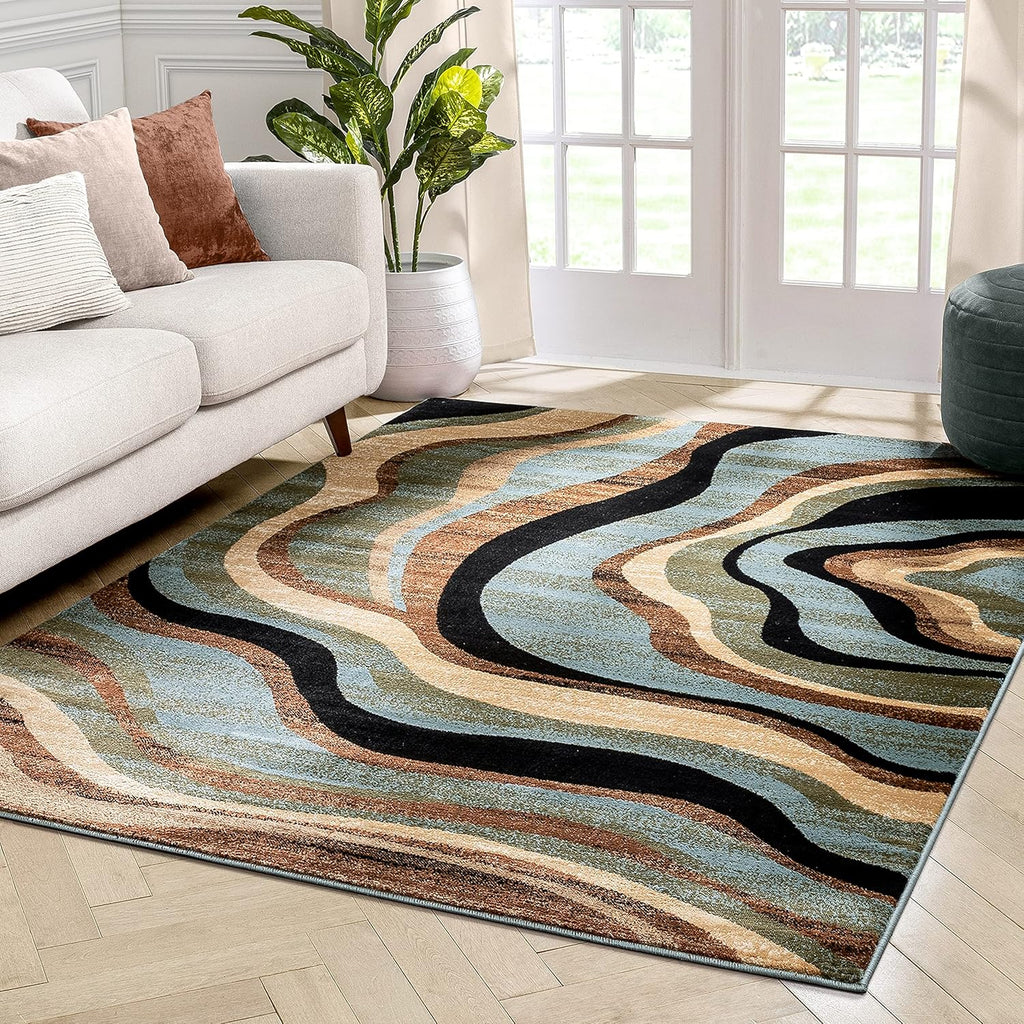 Blue Brown Geometric Area Rug 9x13 D45898