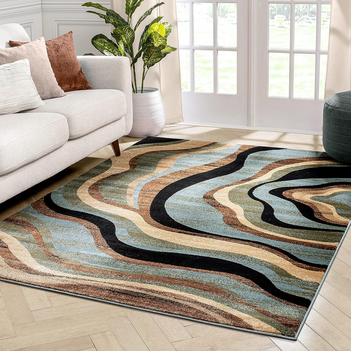 Blue Brown Geometric Area Rug 9x13 D45898