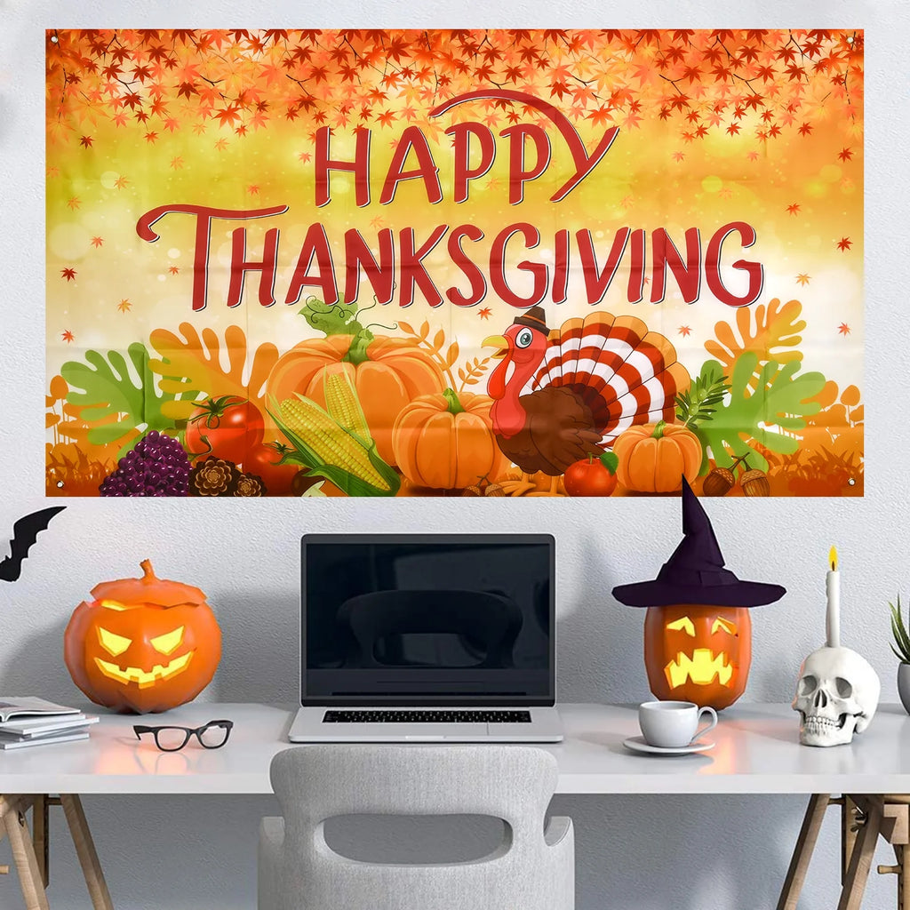 Thanksgiving Banner 72 x 46 Inch Turkey Pumpkin Maple Leaves Banner B1349
